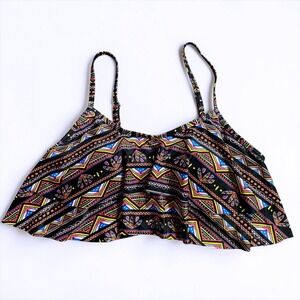 Gabrielle-Aug Geometric Print Ruffle Flounce Bikini Top Black Multi Size 10